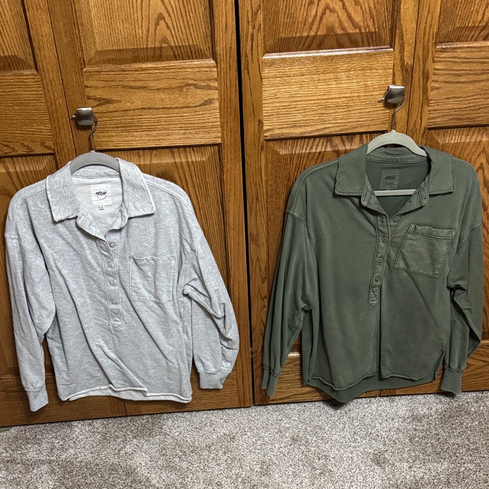 2 Aerie polo shirts size XXS gray and olive green